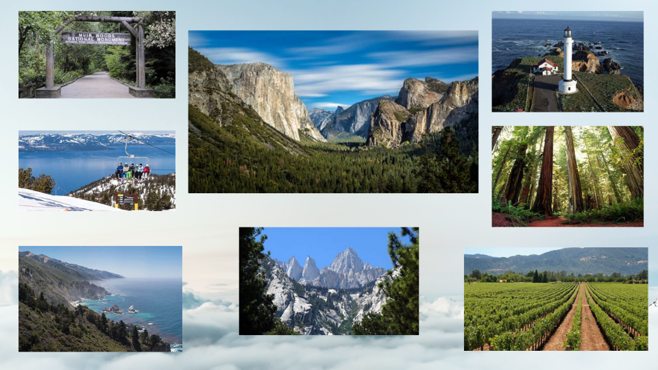 Collage of California locations including Yosemite Valley, Point Arena, Muir Woods, Mt. Whitney, Big Sur, and Napa vineyards.