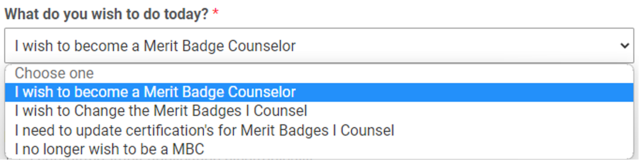 Drop down message for merit badge counselors to select a choice