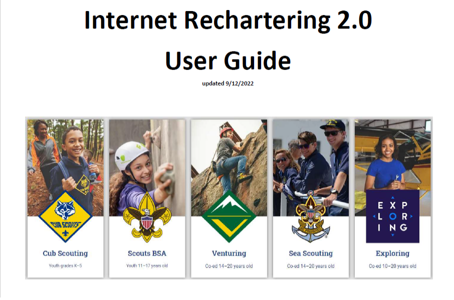 Internet Recharter User Guide showing logos of all the programs. Cubs Scouts BSA Venturing Sea Scouts and Exploring