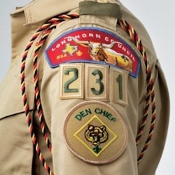 Picture of a Scout's arm displaying the Den Chief patch