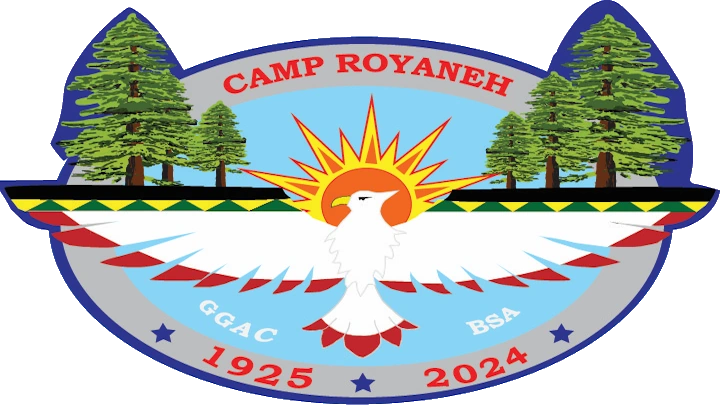Camp Royaneh patch for 2024 featuring redwoods and a thunderbird