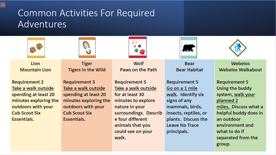 Poster showing common activities for required adventures
